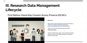 A presentation slide with the text "Research data management lifecycle," embedded video of OCAP, and citations
