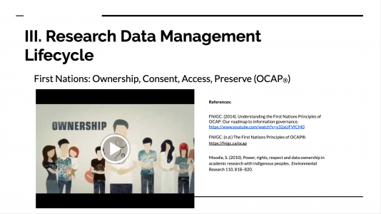 A presentation slide with the text "Research data management lifecycle," embedded video of OCAP, and citations